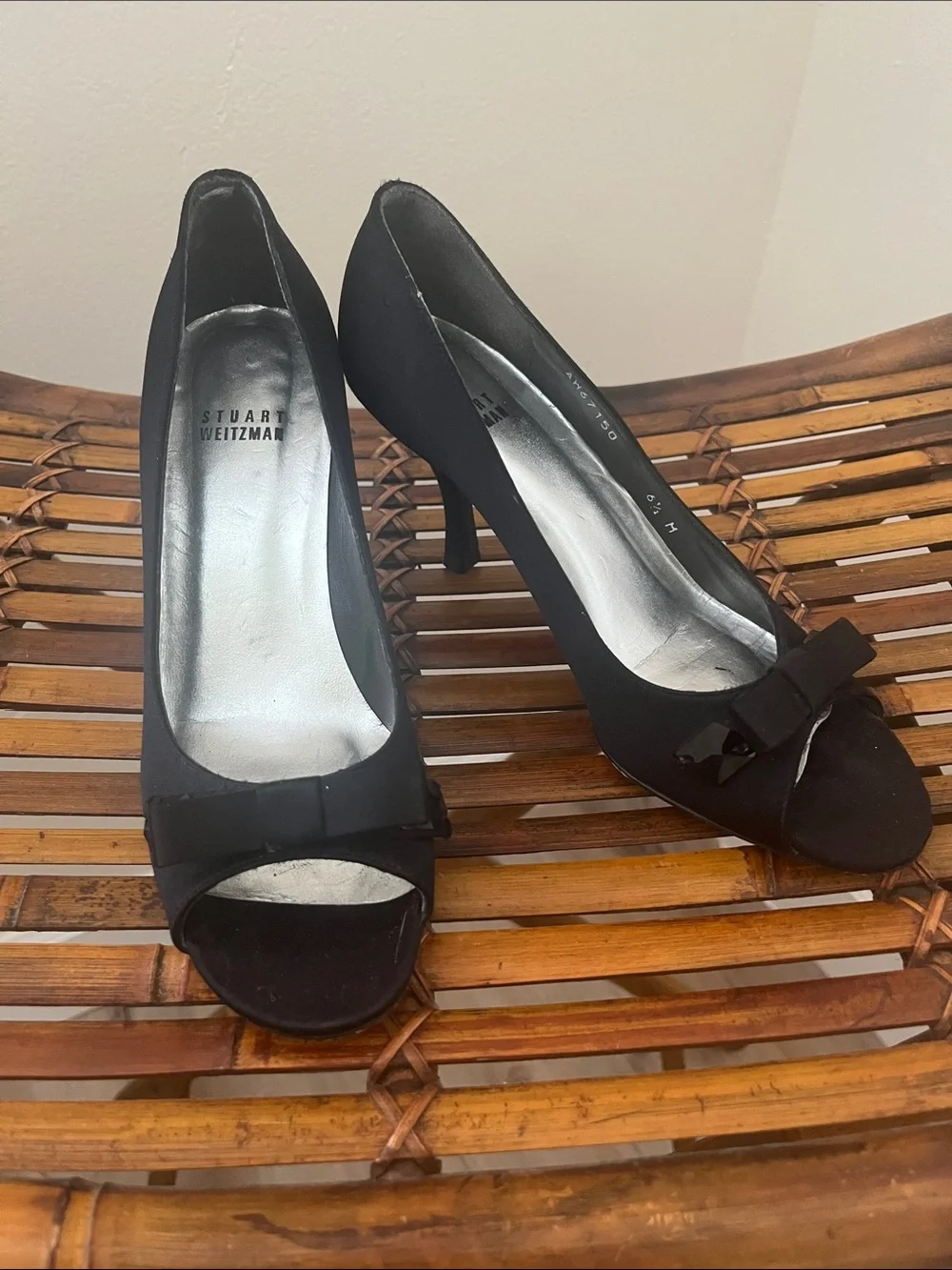 Stuart Weitzman Black Peep-Toe Heels with Bow Accent